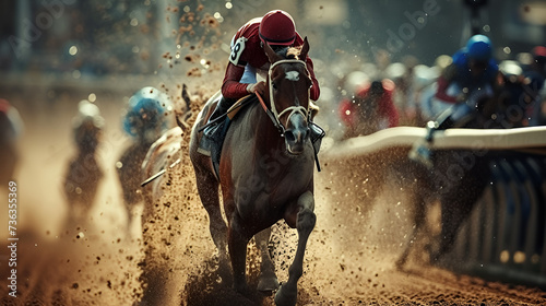 kentucky derby, horseshoes with straw on vintage wooden board, jockeys during horse races going towards finish line, Traditional European sport, Rennbahn, Race horses with jockeys, ai generated © HayyanGFX