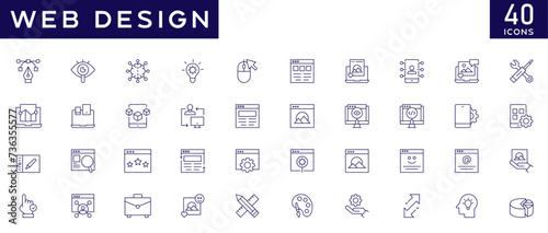 Web design icon set with fully editable stroke thin line vector illustration with coding, development, creativity, technology, responsive, marketing, branding, app, artwork, software