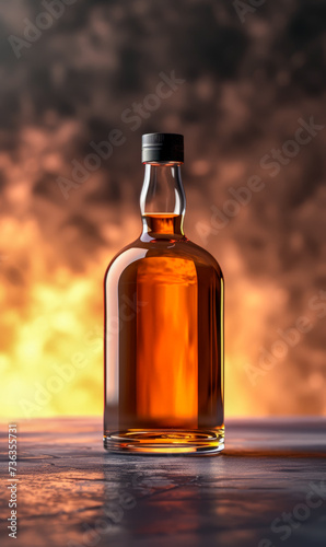 blank bottle of whiskey on a brown background, studio shot, mock up