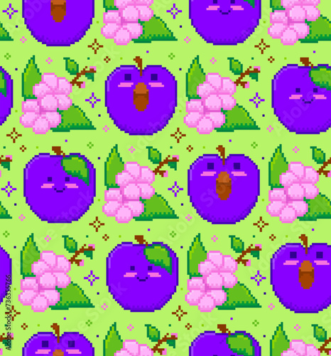 Cute illustration pixel art seamless plum pattern. Cute plum and flower characters to add variety. Typical fruit from the city of Texas. Suitable for tablecloths, wrapping paper, printed fabrics, etc