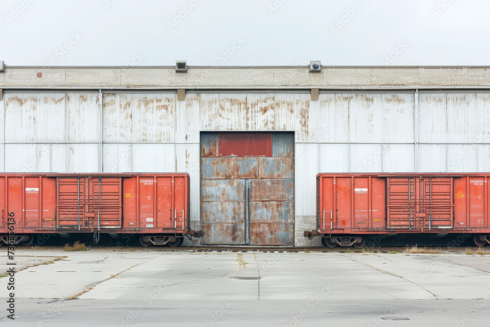 Rusty Industrial Facade: Two red train cars flank a weathered warehouse door, hinting at stories of industry and time. Rusty Industrial Facade: Two red train cars flank a weathered warehouse door, hinting at stories of industry and time.