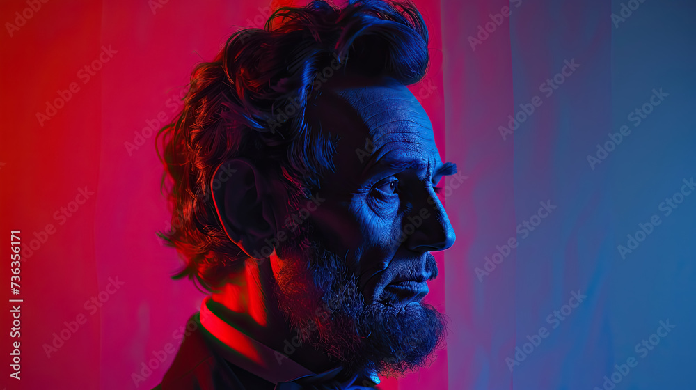 close up side view of President of USA Abraham Lincoln on blue and red color of USA flag - AI Generated Abstract Art close up side view of President of USA Abraham Lincoln on blue and red color of USA flag - AI Generated Abstract Art