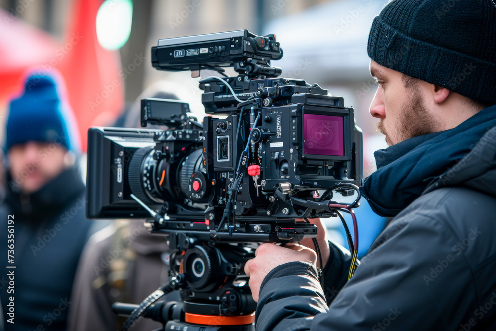 Cameraman working on professional camera taking film or recording at outdoor studio, behind the scene concept Cameraman working on professional camera taking film or recording at outdoor studio, behind the scene concept