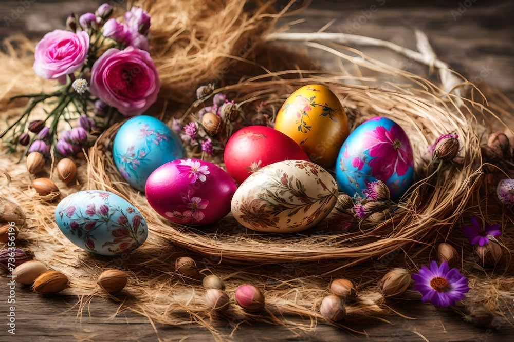 Brightly colored Easter eggs near the bouquet of wild flowers and dried buds of roses on a underlay of straw Brightly colored Easter eggs near the bouquet of wild flowers and dried buds of roses on a underlay of straw