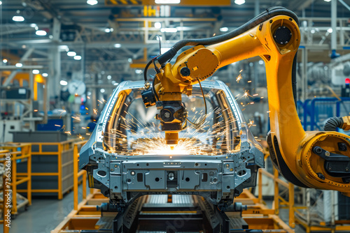 Automobile assembly line production, automation robot arm in a car factory, industrial manufacturer concept photo