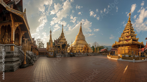 The golden spires of a pagoda and ornate temples catch the soft glow of the setting sun in a serene and spiritual sanctuary.