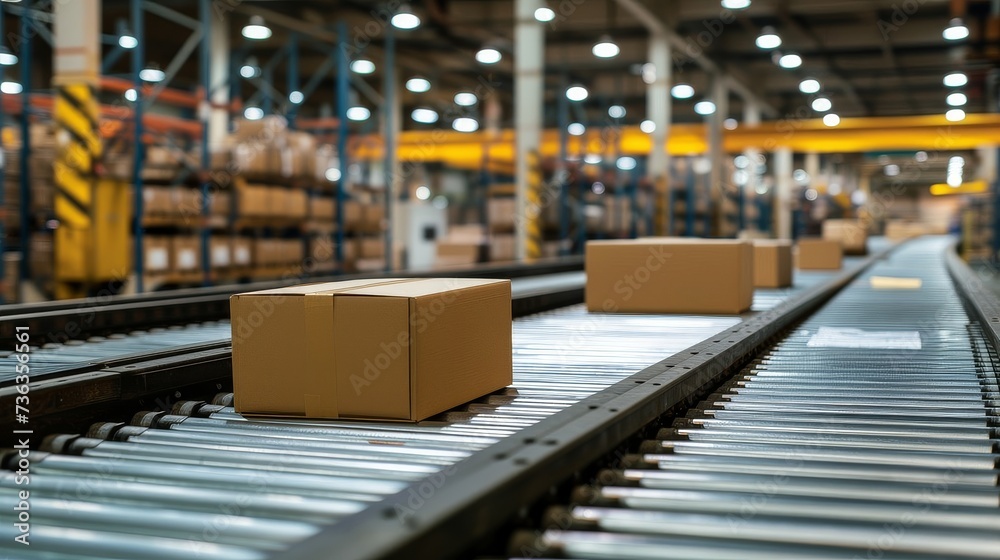 Boxes on conveyor belt in modern warehouse with blurred background, isolated on white. Boxes on conveyor belt in modern warehouse with blurred background, isolated on white.