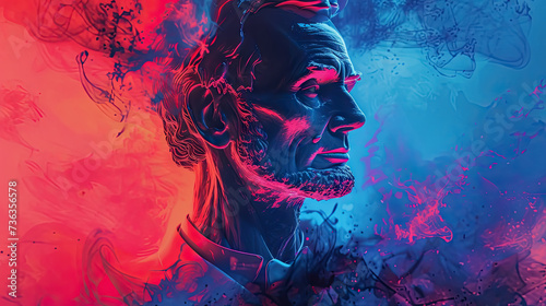 Abstract double exposure portrait of Abraham Lincoln and smoke effect on blue and red color of USA flag - AI Generated Abstract Art photo