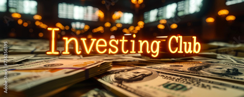 Investing Club golden 3D text floating over a background of hundred-dollar bills, symbolizing group investments and collective financial strategies photo