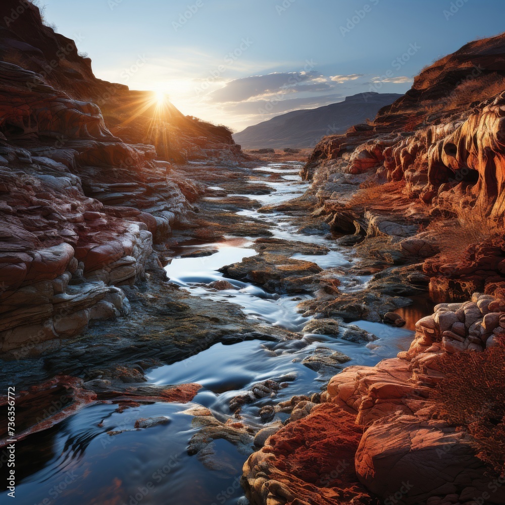 Sunrise over serene river cutting through a desert canyon