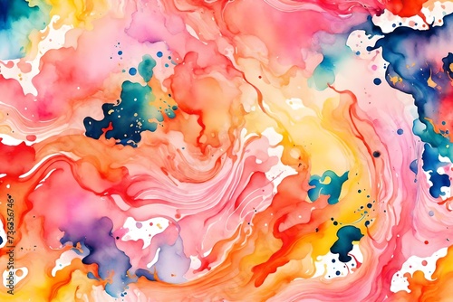 Watercolor artistic abstract background. Hand drawn liquid multicolored texture with red, pink, coral and yellow splashes of paint. Imitation of clouds, smoge or fog. Force of nature photo