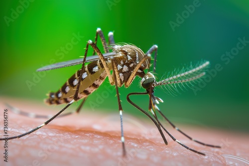 Close up of mosquito sucking blood on human skin, Mosquito is carrier of virus. photo