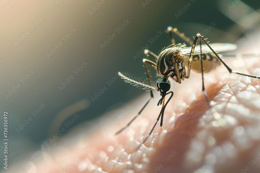 Fototapeta premium Close up of mosquito sucking blood on human skin, Mosquito is carrier of virus.