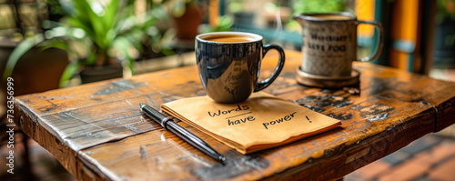 Inspirational message Words have power! written on a napkin beside a pen and coffee mug on a rustic wooden table, evoking creative writing photo