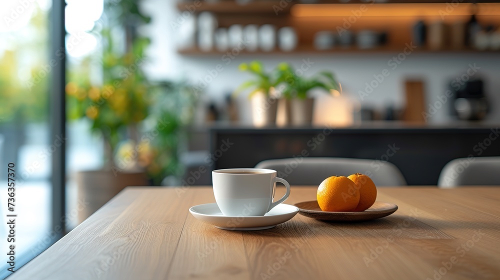 Coffee mug and orange on wooden table in kitchen.