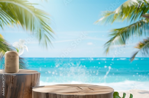 Summer product display on wooden podium at sea tropical beach © KAMAPAN