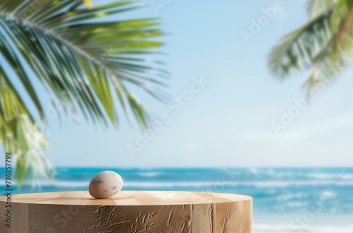 Summer product display on wooden podium at sea tropical beach