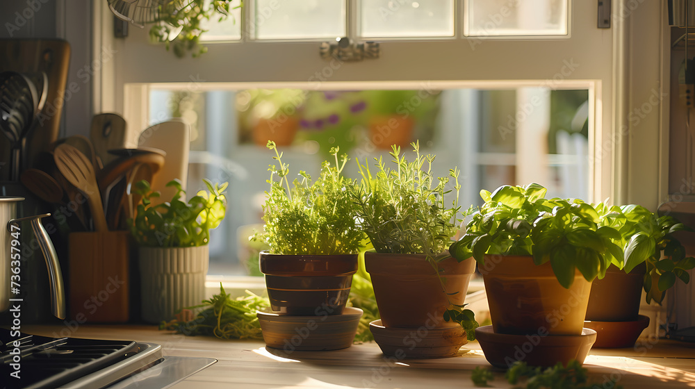 Personal indoor herb garden in a kitchen setting, capturing the freshness and utility of homegrown herbs