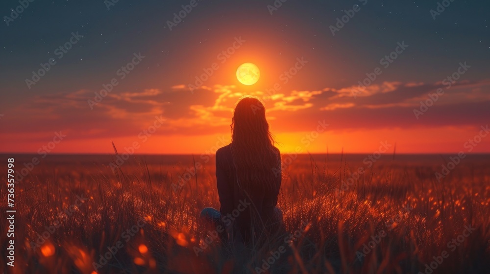 girl sitting thinking in a field against the backdrop of beautiful sunset, back view