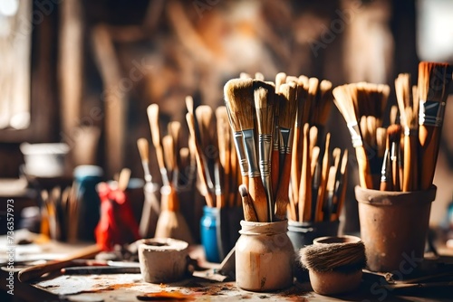 Closeup of artist paintbrushes and studio interior. Blurred background. Workshop or art class. Creative concept. Flare effect
