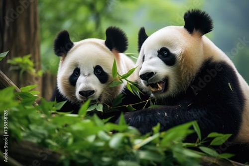 Panda bears munching on bamboo in the forest. Ai generated © Tanu