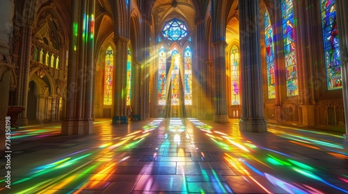 Step inside a magnificent cathedral adorned with stained glass windows that bathe the interior in a kaleidoscope of colors.