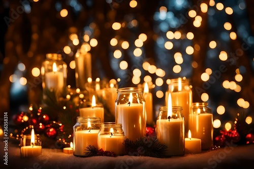 Christmas Candles, Christmas and New Year holidays background. Candles light with bokeh background. Lights and lanterns in the wedding. The candle light is in the glass hang on the trees