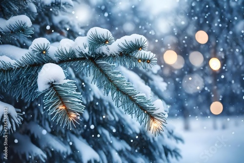 Merry Christmas fir tree branches with holidays lights blue snowy background. Beautiful Blue Fir Tree Branches in Snowy Forest. Christmas and Winter concept. Soft focus