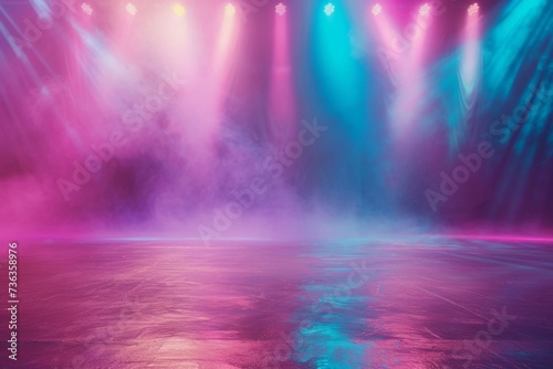 Contemporary dance stage lit with neon spotlight for an electrifying performance. Stage beams create an empty canvas for the show.