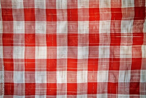 Classic red and white checkered picnic blanket, perfect for al fresco dining with a touch of Italian flair. Ideal background for food photography.