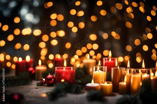 Lights and lanterns in the wedding. Bokeh. Candle light closeup with Bokeh background. Happy New years and Christmas celebration concept. Candles hanging from a center table with bokeh lights