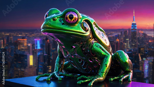 closeup of cybernetic transparent shiny frog with lights and chips and electrical terminations inside in a city street at night