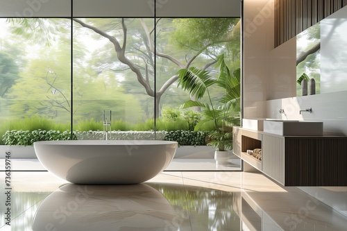 Freestanding bathtub in the jungle with large glass windows and tropical plants in the background © Nadzeya