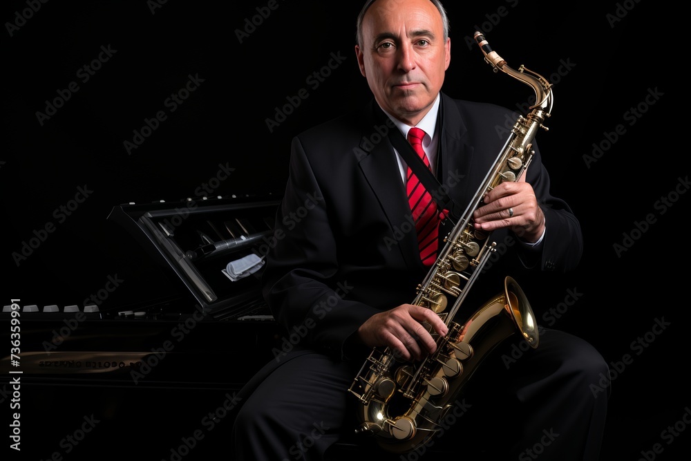 Naklejka premium Sophisticated elderly man playing jazz saxophone in elegant evening bar ambiance