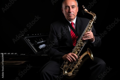 Sophisticated elderly man playing jazz saxophone in elegant evening bar ambiance