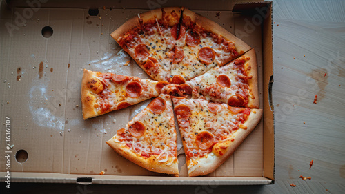 Pizza in a cardboard box on a wooden table, top view