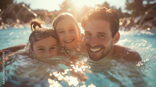 Happy caucasian family swimming in pool water during