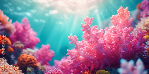 A beautiful colorful background showing a bright underwater world with extraordinary pink corals and algae. Bright sunlight. The banner