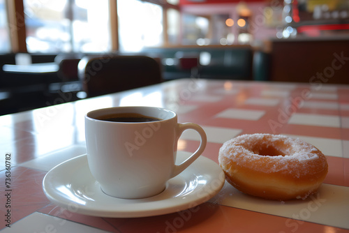 cup of coffee and donut, donuts. american diner, lunch or breakfast. retro cafee. restaurant ad, menu. sweet sugar photo