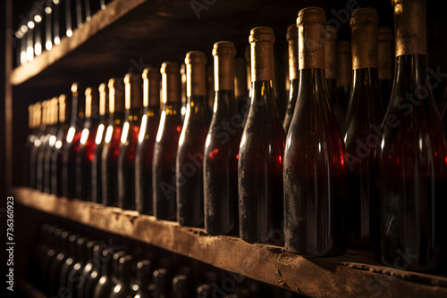 Dusty bottles of wine in the wine cellar. Blurred Perspective.