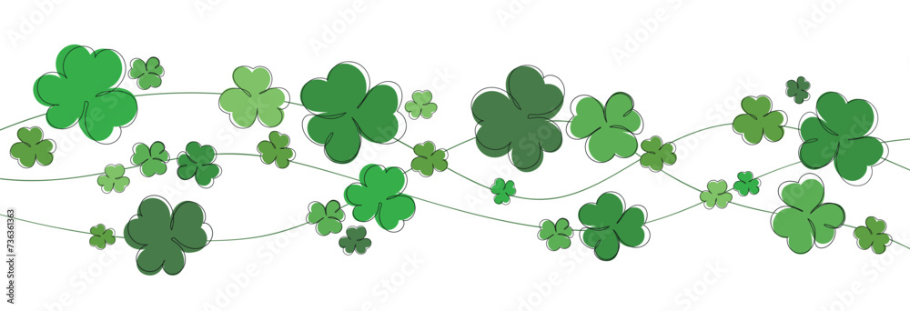 Lucky green clover for Irish festival St Patrick s day. Outline shamrock. Clover border divider line. St Patrick's day background with shamrock. Green beads with clover leaf, border, banner
