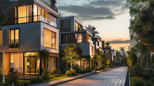 Evening view of the beautiful residential houses of modern architecture photo