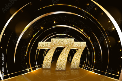 Three golden glittering sevens on black background. Luxury casino banner Big win slots 777 . Vector illustration