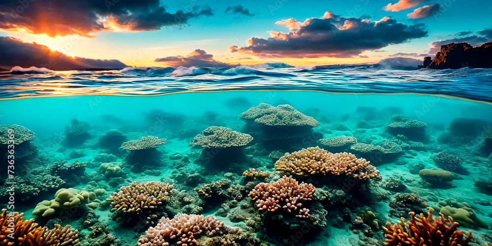 Sunset sky, sea surface , underwater panorama below. Generative AI