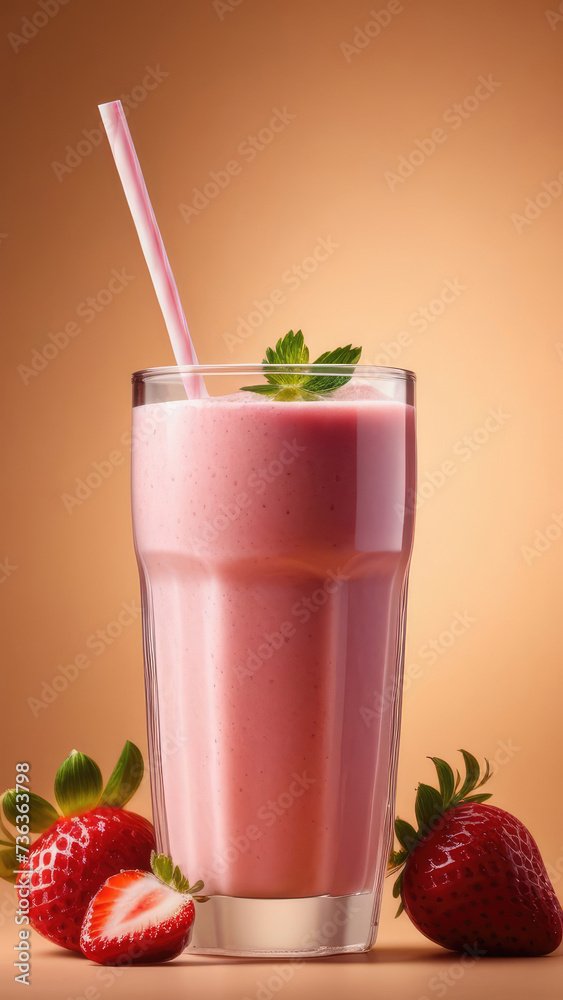 Glass with strawberry smoothie. There straw in glass, smoothie decorated with greenery, berries are lying chaotically next to glass, neutral light blueberry. Healthy eating concept, banner Glass with strawberry smoothie. There straw in glass, smoothie decorated with greenery, berries are lying chaotically next to glass, neutral light blueberry. Healthy eating concept, banner