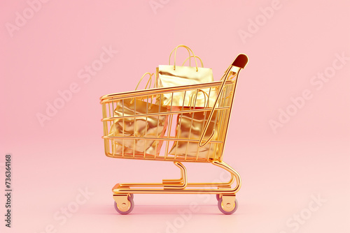 Shopping cart with bags. Golden shopping basket full of craft shopping bags on pink background. Sale, Black Friday concept, shopping season, purchase, discounts, shopaholic. Promotion, marketing