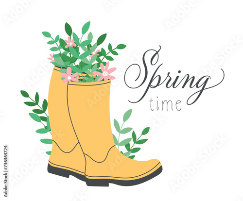Rain boots with flowers and leaves. Bouquet flowers in rubber boots isolated on white. Flowers in wellies banner. Hand drawn spring print, card, poster. Spring and easter holiday concept.