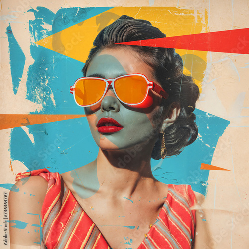 Pop collage Illustration of a beautiful female fashion model with sunglasses over scolorful and vibrant patterns and shapes, Fashion, pop art