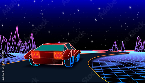 Neon car in 80s synthwave style racing to the mountains. Retrowave auto illustration with shiny neon car on the grid landscape, road in 90s arcade game style