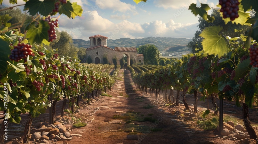 Wander through a picturesque vineyard where rows of lush grapevines stretch towards the horizon, as a rustic stone altar is adorned with clusters of ripened fruit,